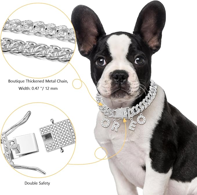 Custom Dog Chain Collar with Name, Diamond Collars Metal Chain Necklace with Secure Buckle, Cuban Style Jewelry Accessories for Puppy Small Medium Large Dogs(Silver, 16 Inch)
