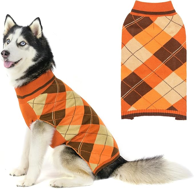 KOOLTAIL Fall Dog Sweater Pet Knitted Clothes - Classic Plaid Pullover Turtleneck Thanksgiving Dog Sweaters with Leash Hole, Thick Cold Weather Pet Outfits for Small Medium Large Dogs Cats Puppy L