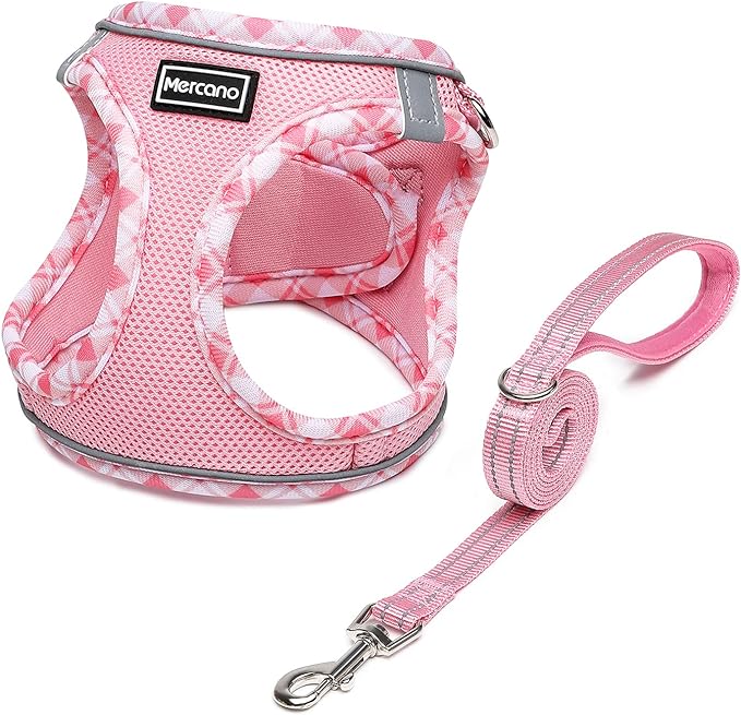 Mercano Soft Mesh Dog Harness and Leash Set, No-Chock Step-in Reflective Breathable Lightweight Easy Walk Vest Harnesses with Safety Buckle for Small Dogs, Cats (Pink, XS)