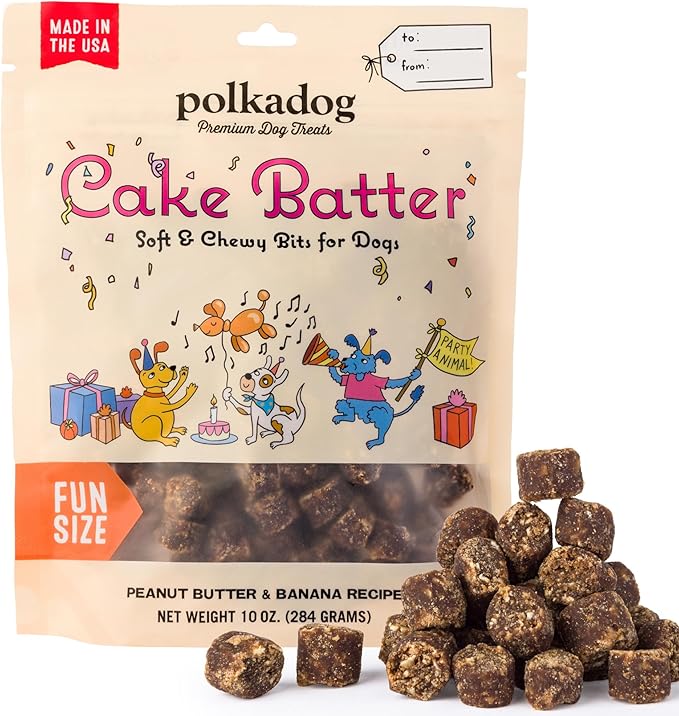 Polkadog Cake Batter Dog Treats – Soft & Chewy Premium Birthday Treats with Peanut Butter & Banana – Healthy, Limited Ingredient, Training Size for All Dog Breeds & Ages – Natural, Made in USA – 10 oz