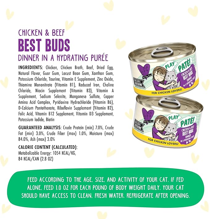 Weruva B.F.F. Play - Best Feline Friend Paté Lovers, Aw Yeah!, Chicken & Beef Best Buds with Chicken & Beef, 2.8oz Can (Pack of 12)