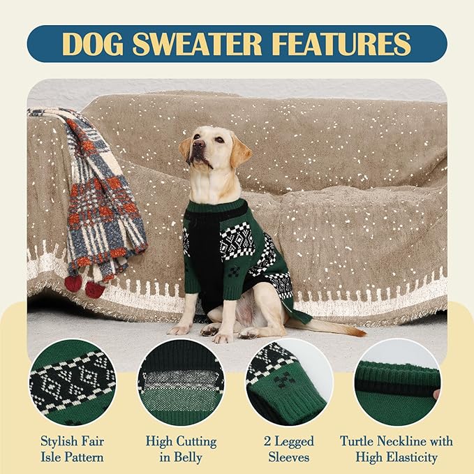 ROZKITCH Large Dog Sweaters for Female Male Dogs, Thick Knit Dog Sweaters for Winter Fall Spring, Breathable Fleece Coat Fair Isle Pattern for Large Dogs Beagle Weimaraner Green XL