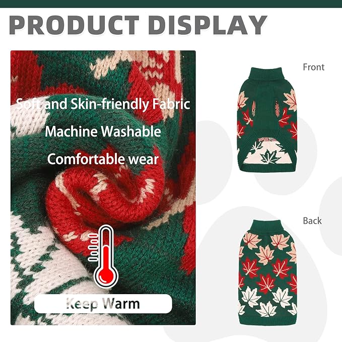 KOOLTAIL Fall Dog Sweater, Thanksgiving Dog Sweater with Autumn Maple Leaf Pattern, Cold Weather Pet Knitted Winter Coats Clothes Turtleneck Pullover for Small Medium Large Dogs Cat Boy Girl, Green XL