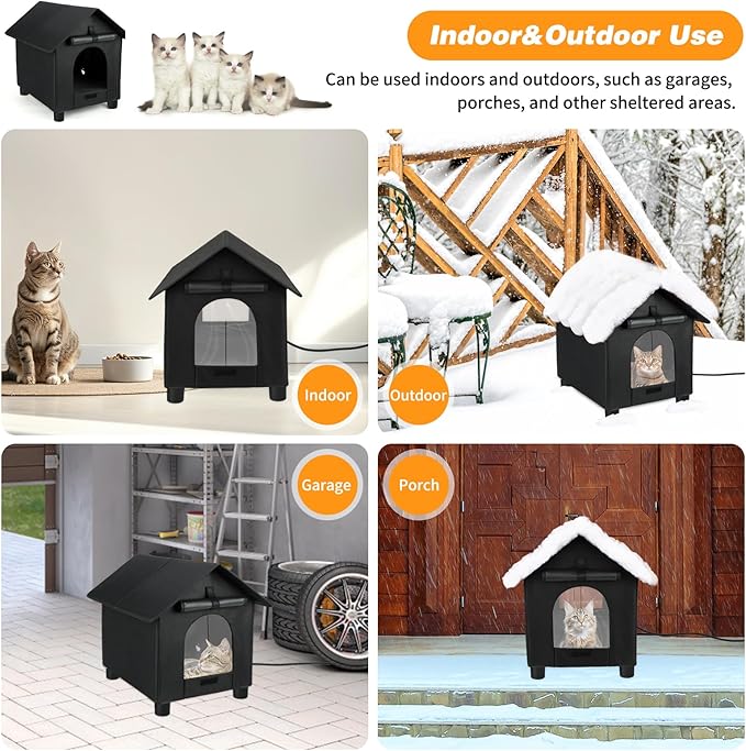 Heated Cat Houses in Winter Waterproof, Elevated Heated Outdoor Cat House Insulated Outside Feral Cat House Shelter with Escape Door for Cats or Small Dogs (Black, Small (13.4"x16.9"x18.5"))