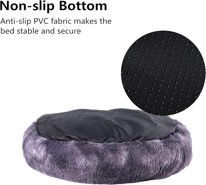 Coohom Oval Calming Donut Cuddler Dog Bed,Shag Faux Fur Cat Bed Washable Round Pillow Pet Bed(30"/36") for Small Medium Dogs (XXL(43"x34"x8"), Grey2021)