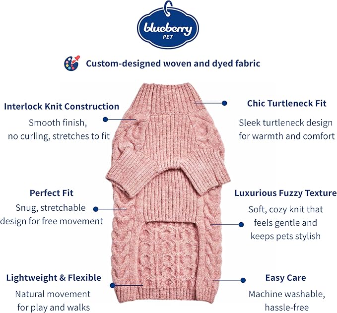 Blueberry Pet Classic Fuzzy Textured Knit Pullover Turtle-Neck Dog Sweater in Rainbow Pink, Back Length 10", Pack of 1 Clothes for Dogs