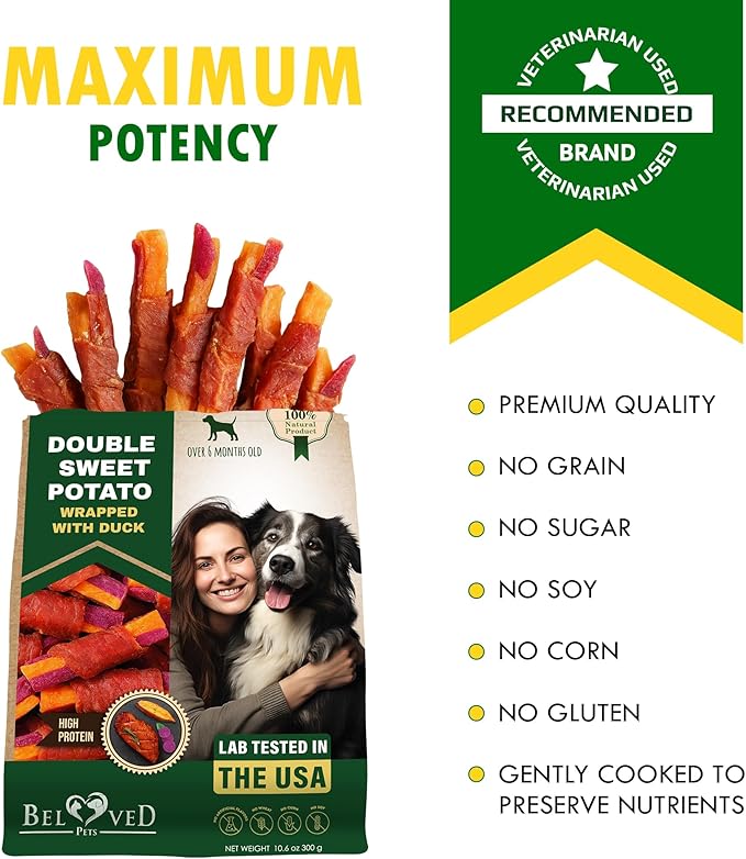 Sweet Potato Dog Treats & Duck Jerky Wraps 10.6 Oz - Dog Food & High Protein Soft Chews for Large, Medium & Small Breeds - Natural Strips & Rawhide Free Snacks (Double Sweet Potato Wrapped Duck)