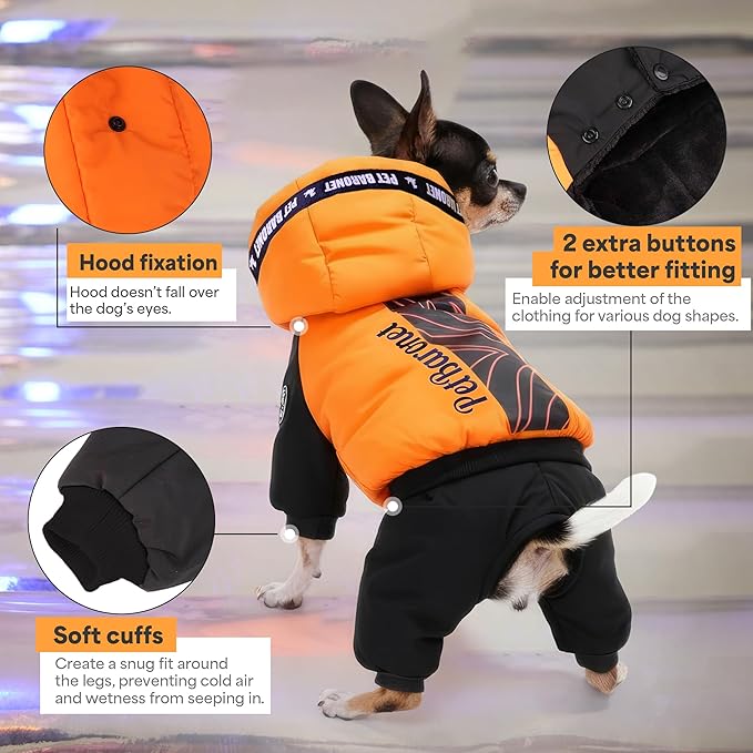 Waterproof Full Body Winter Jacket for Dogs, Dogs Snowsuit, Perfect for Cold Weather, Ideal for Small and Medium Breeds (Orange, M:Chest 15'', Length: 11'')