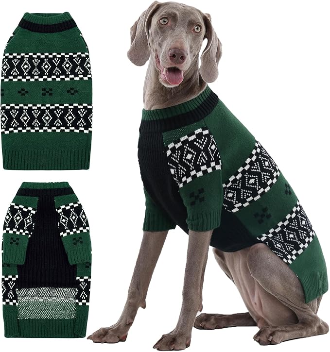 ROZKITCH Large Dog Sweaters for Female Male Dogs, Thick Knit Dog Sweaters for Winter Fall Spring, Breathable Fleece Coat Fair Isle Pattern for Large Dogs Beagle Weimaraner Green XL