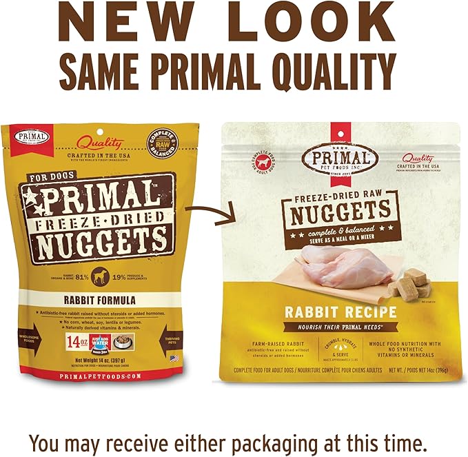 Primal Freeze Dried Raw Dog Food Nuggets, Rabbit, Complete & Balanced Meal, Also Use as Topper or Treat, Premium, Healthy, Grain Free, High Protein Raw Dog Food, 14 oz