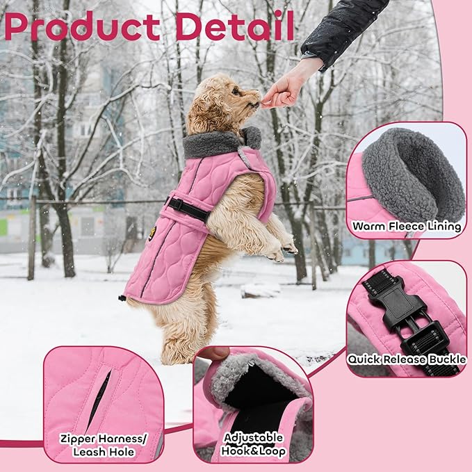 Dog Coats, Warm Puppy Apparel with Fleece Lining for Cold Weather, Windproof Medium Dog Winter Jacket, Reflective Dogs Snow Coat with Leash Hole and Adjustable Buckle, NewPink M