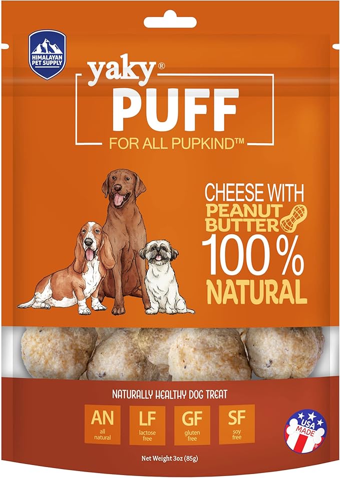 | yakyPUFF Himalayan Cheese Treats | Lactose Free | Gluten Free | Grain Free | USA MADE | For All Breeds | Peanut Butter Flavor Crispy Puffed Treat