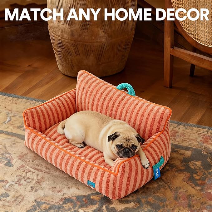 ZEZE Striped Furniture Style Sofa Cat Bed – Modern Upholstered Pet Couch for Cats & Small Dogs, Soft Cushion & Elevated Design, Stylish Pet Furniture for Home Decor (Orange, Large)