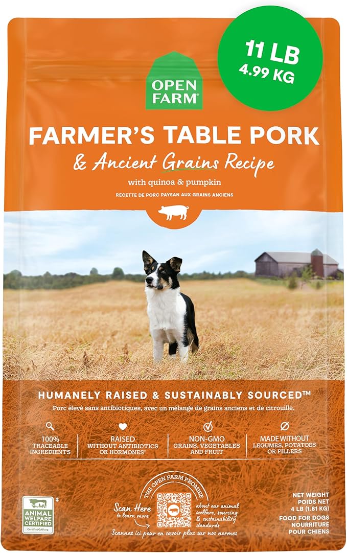 Open Farm, Ancient Grains Dry Dog Food, Protein-Rich & Nutrient Dense, 90% Animal Protein Mixed with Non-GMO Fruits, Veggies and Superfoods, Farmer's Table Pork Recipe, 11lb Bag
