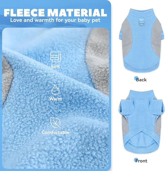 Small Fleece Dog Sweater with Leash Ring Soft Warm Fall Winter Dog Clothes Cute Cat Apparel Puppy Sweaters Classic Pullover Doggy Sweatshirts Chihuahua Costumes Cat Outfits(Blue,S)