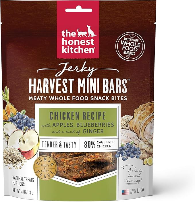 The Honest Kitchen Human Grade Jerky Harvest Mini Bars: Chicken Recipe With Apples & Blueberries, 4 oz Bag
