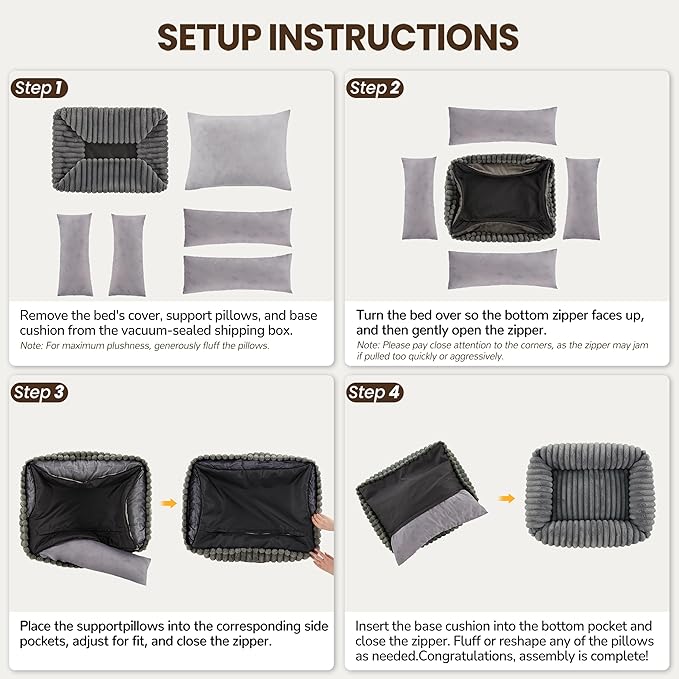 Warmrest Washable Dog Bed for Small Medium Dogs - Rectangle Orthopedic Corduroy Fleece Pet Bed with Removable Cover and Nonskid Bottom, Calming Puppy Bed Soft Pet Sofa, Grey(20x19x6inchs)