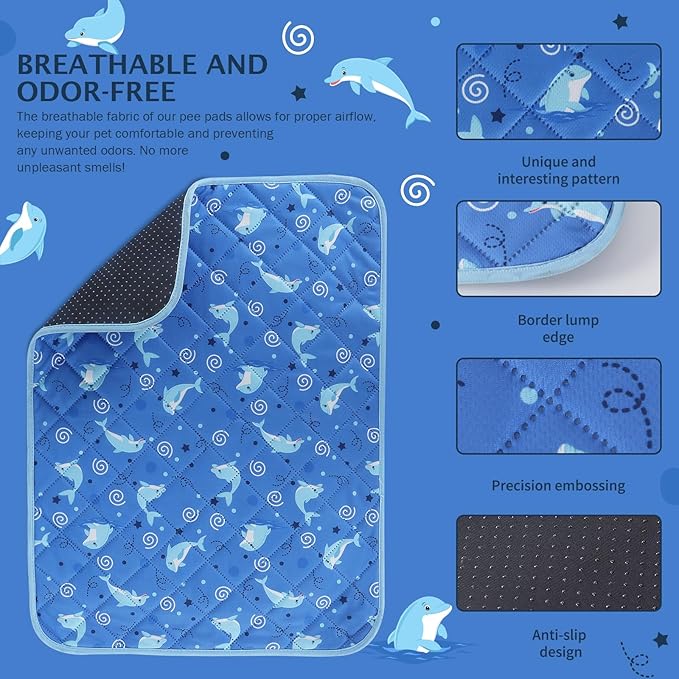 IEUUMLER Washable Pee Pads for Dogs, 2 Pack Non-Slip & Waterproof Pack Whelping Pad, Reusable Washable Puppy Potty Training Pad with Fast Absorbent for Playpen EU007 (Dolphin, 36"X41"-2pcs)