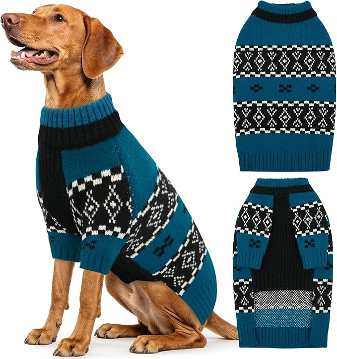 IECOii Large Dog Sweater for Male Dogs, XL Boy Dog Sweater Pullover Knitwear for Winter, Fair Isle Pattern for Holiday Sweaters, Stretchy Mid-Neck Knitted Clothes for Outdoor Adventures, Turquoise, XL