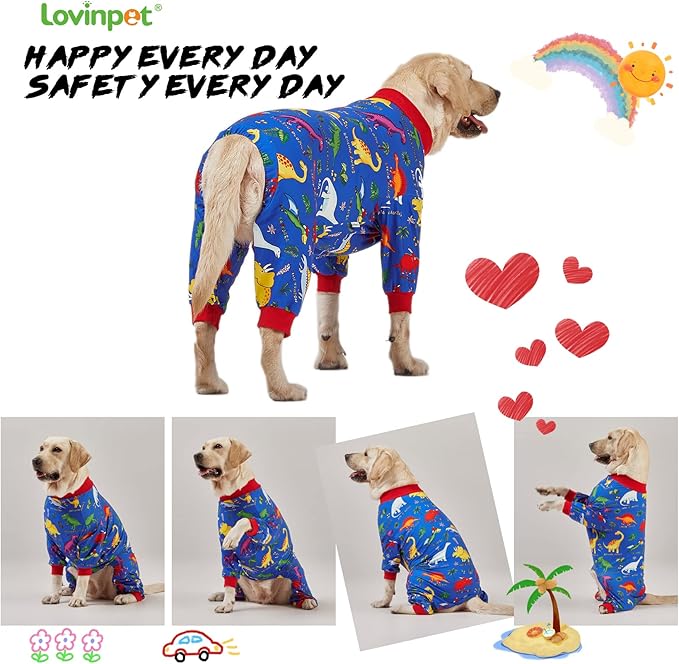 LovinPet Pitbull Large Dog Clothes, Wound Care/Post Surgery Dog Clothes, Lost World Dinosaurs Print, UV Protection, Pet Anxiety Relief, Large Dog Onesies, Pet PJ's/Medium