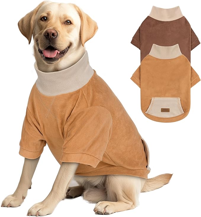 cyeollo 2 Pack XX-Large Dog Sweater, Warm Fleece Dog Sweaters for Medium to Large Dogs Boy Girl Soft Turtleneck Strechy Dogs Sweatshirt, Winter Clothes, Khaki & Brown 2XL