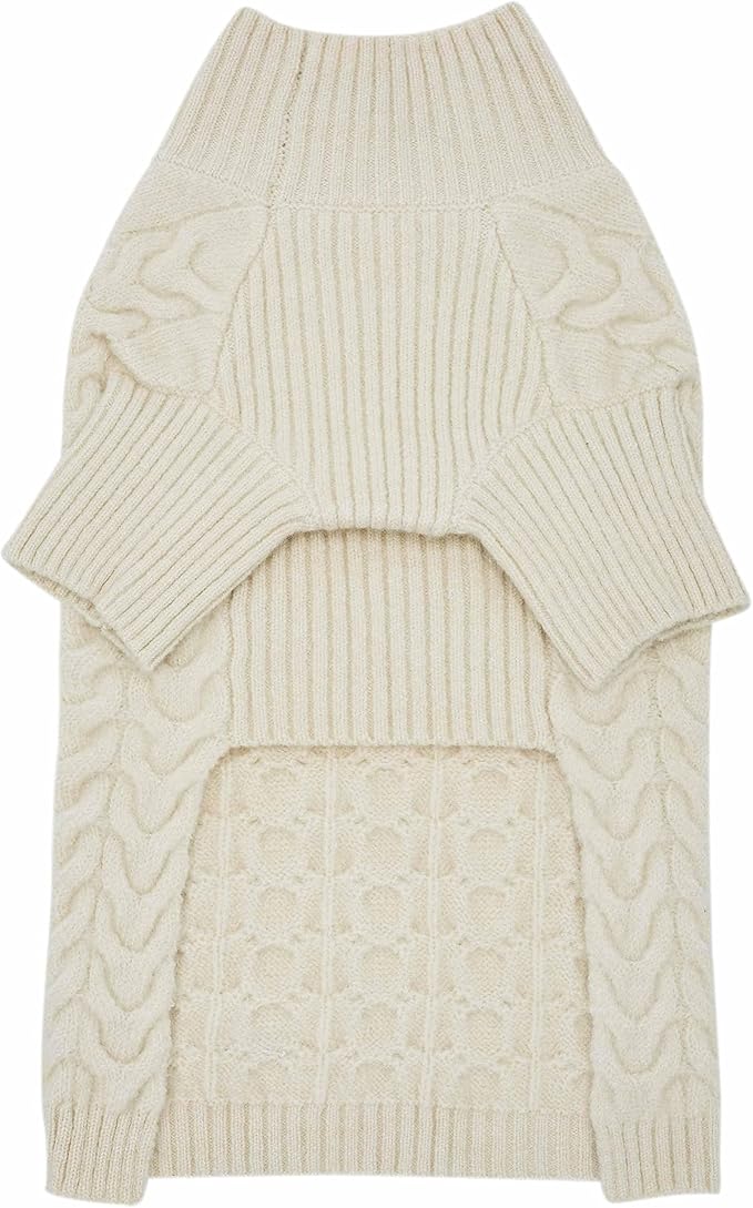 Blueberry Pet Classic Fuzzy Knit Dog Sweater, Pullover Turtle-Neck Christmas Sweater in Ivory, Back Length 10", Super-Soft, Machine Washable