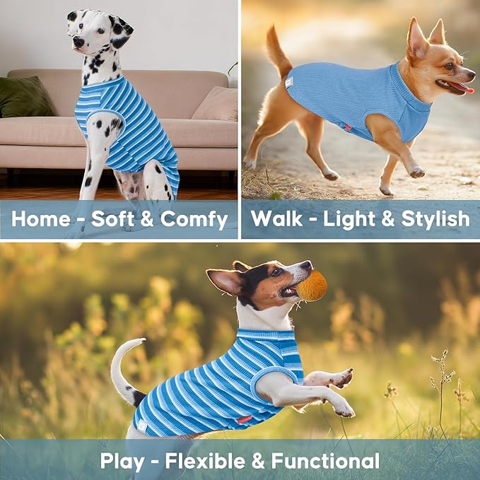 KYEESE 2Pack Waffle Dog Shirts for Small Dogs Stretchy Dog T-Shirts Lightweight Pet Tank Top Sleeveless Striped Pet Shirt Vest Breathable Cat Shirt, Small, Blue+Striped