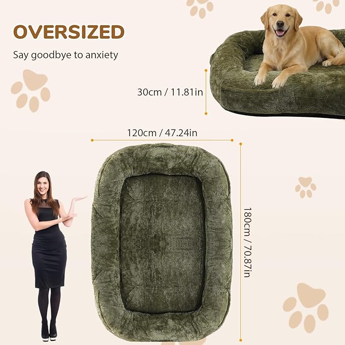 ZOMEYLPO Human Dog Bed, 71 x 47 x 12 in Washable Extra Large Dog Bed for People, Giant DogBed with Storage Pockets, Green