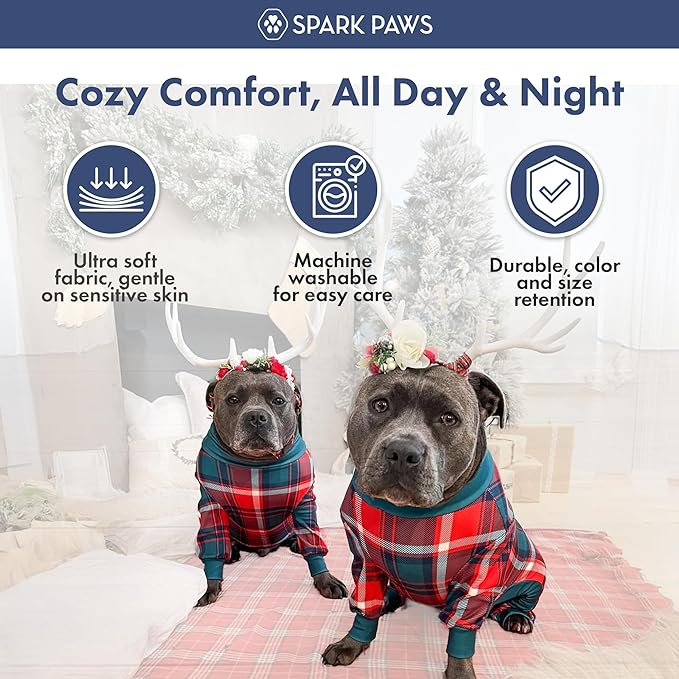 Spark Paws Dog Christmas Pajama, Dog Recovery Suit Male, Onesie, Ultra-Soft and 4-Way Stretch, for Small Medium and Large Breeds - Green and Red Plaid - XL