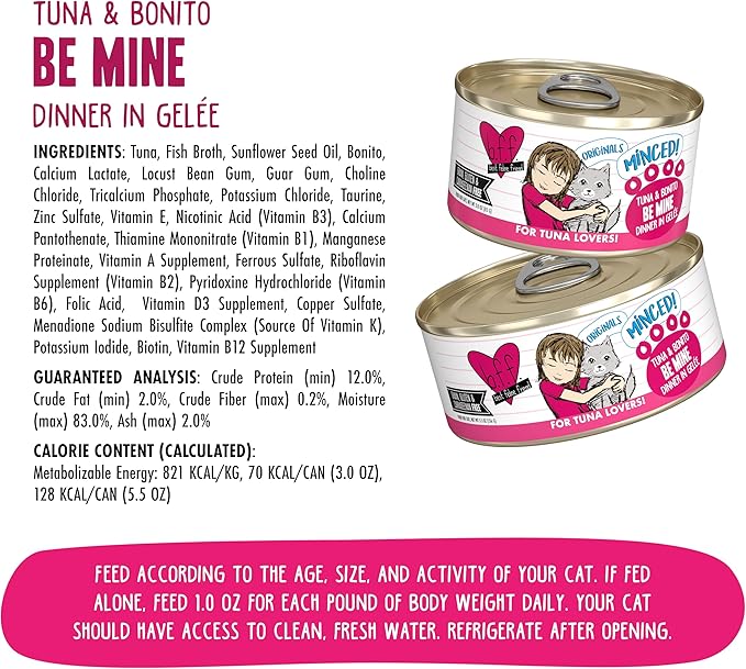 Weruva BFF Minced Natural Wet Cat Food, Tuna and Bonito Be Mine in Gelee, 5.5oz Can, Pack of 24