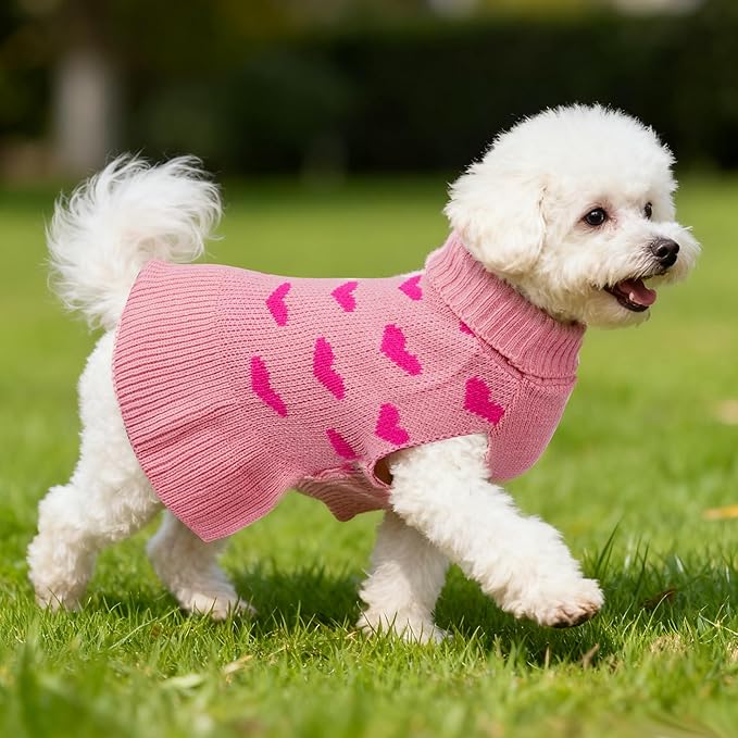 Dog Sweater Dress Heart Pink Turtleneck Knit Dress for Small Dogs 9-15 lbs Valentine Winter Pullover with Leash Hole for Wedding Mothers Day Valentine's Day