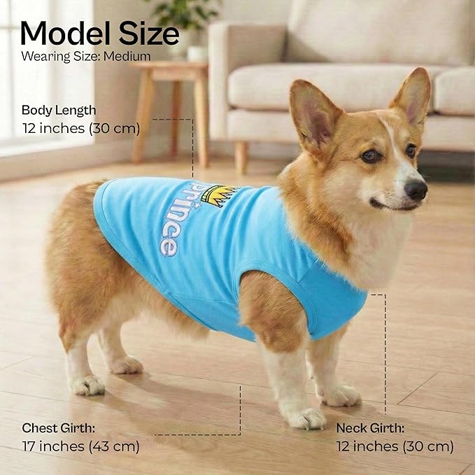 Parisian Pet Dog T-Shirt - Embroidered ' Prince ' 100% Cotton, Boy Dog Shirts - Sleeveless Pet Vest - Machine Washable Clothes for Medium-Sized Dogs - M