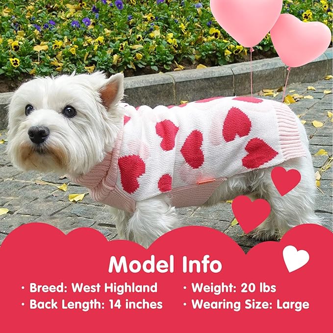 KYEESE Valentines Dog Sweater, Small Pet Sweaters with Heart Print, Soft Dogs Sweaters for Small Dogs, Warm Pet Sweater Medium Size Dog, Stretchy Pets Clothes Coat with Leash Hole, XL