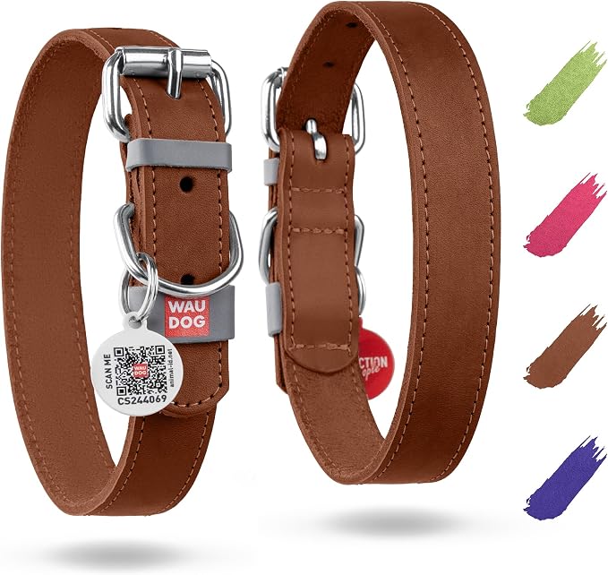 WAUDOG Long Lasting Leather Dog Collar for Large Dogs, Medium & Small Dogs - Adjustable Classic Puppy Collars for Large Breed Dogs - Boy & Girl Dog Collars with Durable Buckle, D-Ring & QR Dog Tag