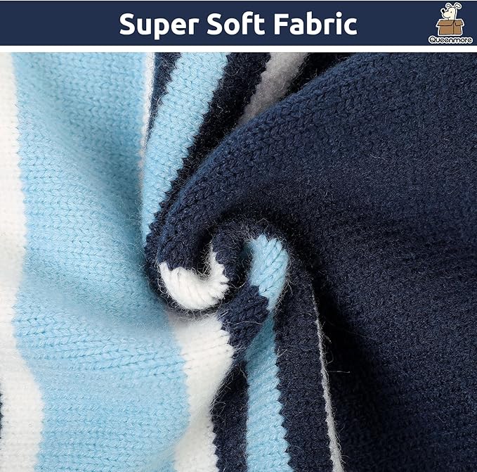 Queenmore Dog Striped Knitted Sweater, Turtleneck Pullover Pet Coat, Dog Winter Clothes with Leash Hole for Small Medium &Large Dogs(Navy Blue,2XL)