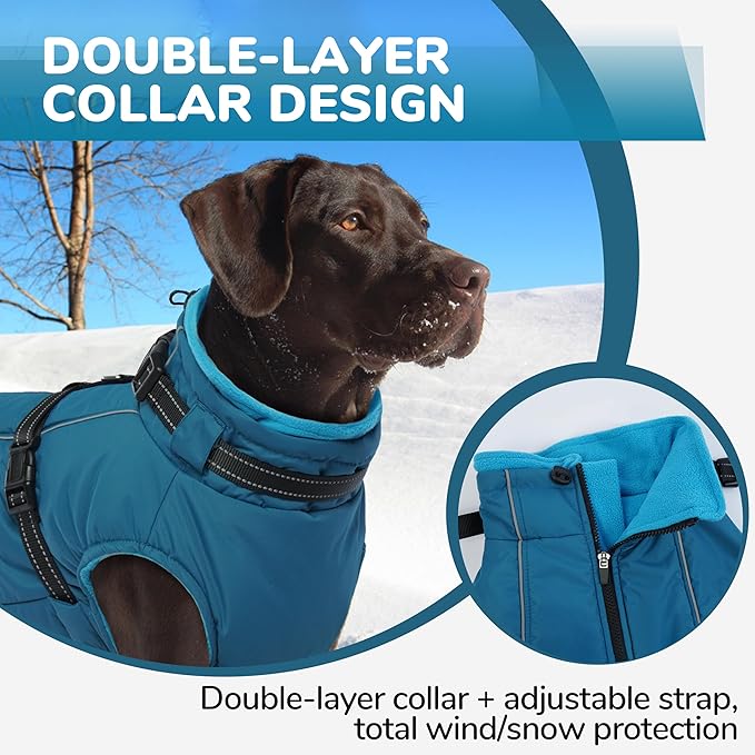 PUMYPOREITY Dog Jackets for Large Dogs, Warm Dog Winter Coat with Harness Built in, Fleece Jacket with Back Zipper, Cold Weather Coats for Outdoor, Waterproof & Windproof Pet Snowsuit, Blue, XL