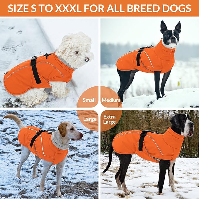 Queenmore Winter Dog Coat Warm Dog Jacket Vest Waterproof Puffer Fleece Snowsuit Adjustable Buckle Leash Hole Reflective Cold Weather Parka for Small Medium Large Dogs Girl Boy Orange XL