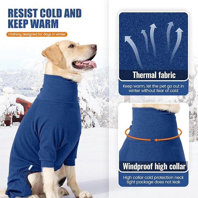 Dog Winter Coat Soft Fleece Pullover Pajamas, Fullbody Dog Cold Weather Jacket, Warm Pullover Doggie Winter Thermal 4-Legged Onesie Jumpsuit,High Collar Snowsuit Sweater for Dogs（Blue，L