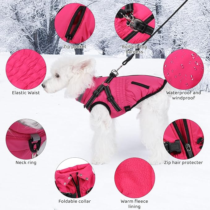 Gyuzh Dog Coat with Harness,Dog Coats for Small Dogs,Warm Fleece Winter Puppy Jacket,Waterproof Jacket with Harness Built in for Small Medium Large Dogs