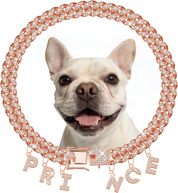 Custom Dog Chain Collar with Name, Diamond Collars Metal Chain Necklace with Secure Buckle, Cuban Style Jewelry Accessories for Puppy Small Medium Large Dogs(Rose Gold, 12 Inch)
