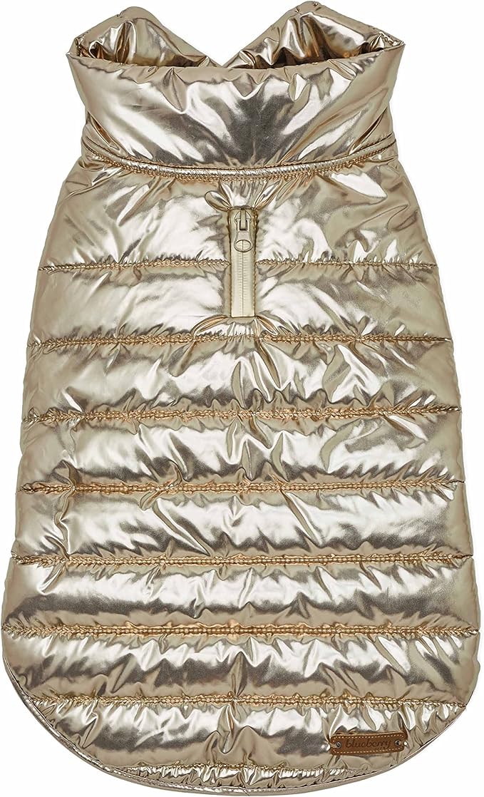 Blueberry Pet Cozy & Comfy Windproof Lightweight Quilted Fall Winter Glossy Dog Puffer Jacket in Gold, Back Length 17", Size 16, Warm Coat for Large Dogs