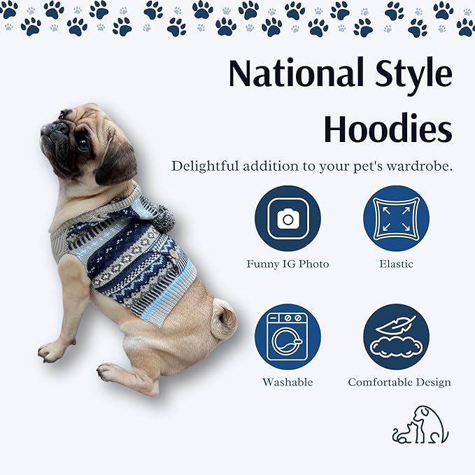 Cute Sweater for Dogs and Cats Soft Flannel Pet Outfit Warm and Cozy Animal Hoodie Small to Large Pet Clothes for Halloween Parties and Everyday Wear (Medium, Blue Patten with Hat)
