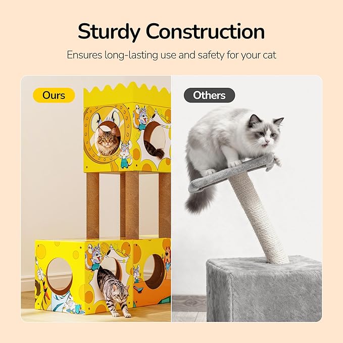 PalNests DIY Cat Tree, Multi-Level Cat Tower with Scratching Posts, Scratching Board, Tunnel & Playhouse for Kittens & Multiple Cats, Recyclable Cardboard, 48.8"×25"×40.2", Yellow Mouse