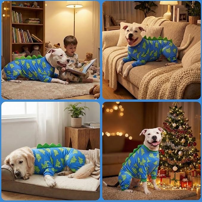 LovinPet Large Dog Pajamas, Four-Leg Stretch Onesie Bodysuit, Lightweight UV-Shielding Pajamas, Anti-Lick Calming Recovery Suit for Surgery, Pull-On for Medium and Large Breeds,Blue Green,XXL