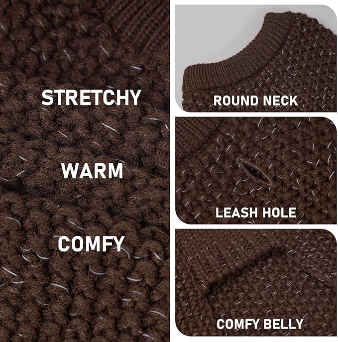 KYEESE Dog Sweater with Leash Hole for Small Dogs Male Warm Pullover with Reflective Thread Soft Knitwear Boy Dog Clothes Cozy Lightweight Thick Sweater Pet Indoor Outdoor Wear,Khaki,X-Small