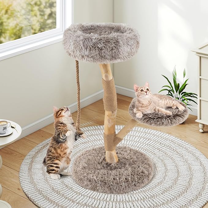 Tangkula Solid Wood Cat Tree, Modern Cat Tower with Scratching Post, Luxurious Perch & Platform, Teasing Rope, Natural Pear Wood, Soft Long Plush, Cute Cat Tree for Indoor Kittens