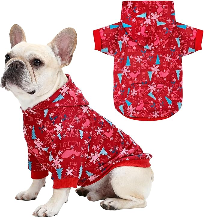 Red Christmas Dog Hoodie Soft Warm Fleece Lined Dog Sweater Hoodie with Leash Hole and Pocket Elastic Xmas Pet Coat Clothes Dogs Sweatshirt for Small Medium Large Size Dogs(Red B,Small)