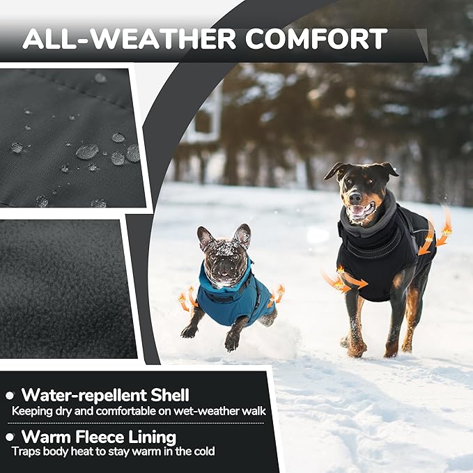 PUMYPOREITY Snow Jacket for Large Dogs Waterproof, Warm Dog Winter Coat with Harness Built in, Fleece Jacket with Back Zipper, Cold Weather Coats for Outdoor, Windproof Pet Snowsuit, Black, 2XL
