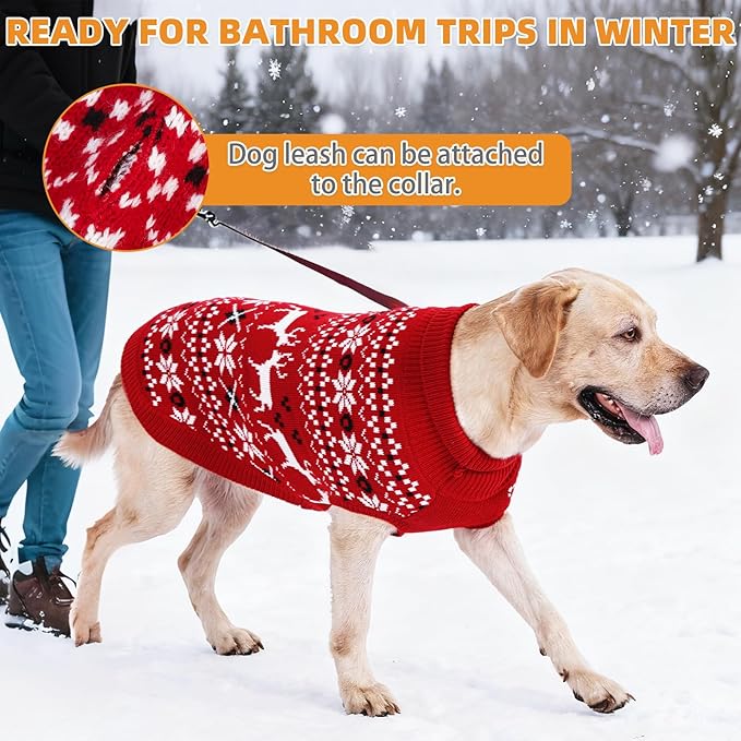 KOOLTAIL Christmas Dog Sweater, Cold Weather Pullover Classic Knitwear, Reindeer Snowflake Pattern Thick Warm Winter Pet Clothes, Cable Knit Dog Sweaters for Small Medium Large Bulldog Boy Girl, Red L