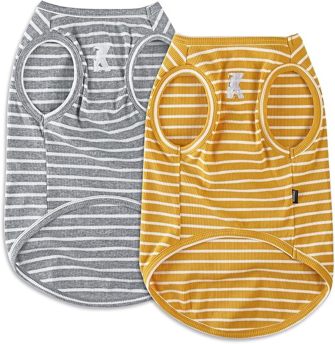 Koneseve Dog Shirt Vest Lightweight Stretchy Dog T-Shirts Soft Cool Shirts Sleeveless Stripe Vests Breathable Clothes for Puppy Kitty Cats Small Medium Large Dogs 2 Pack Yellow + Light Grey [L/Large]